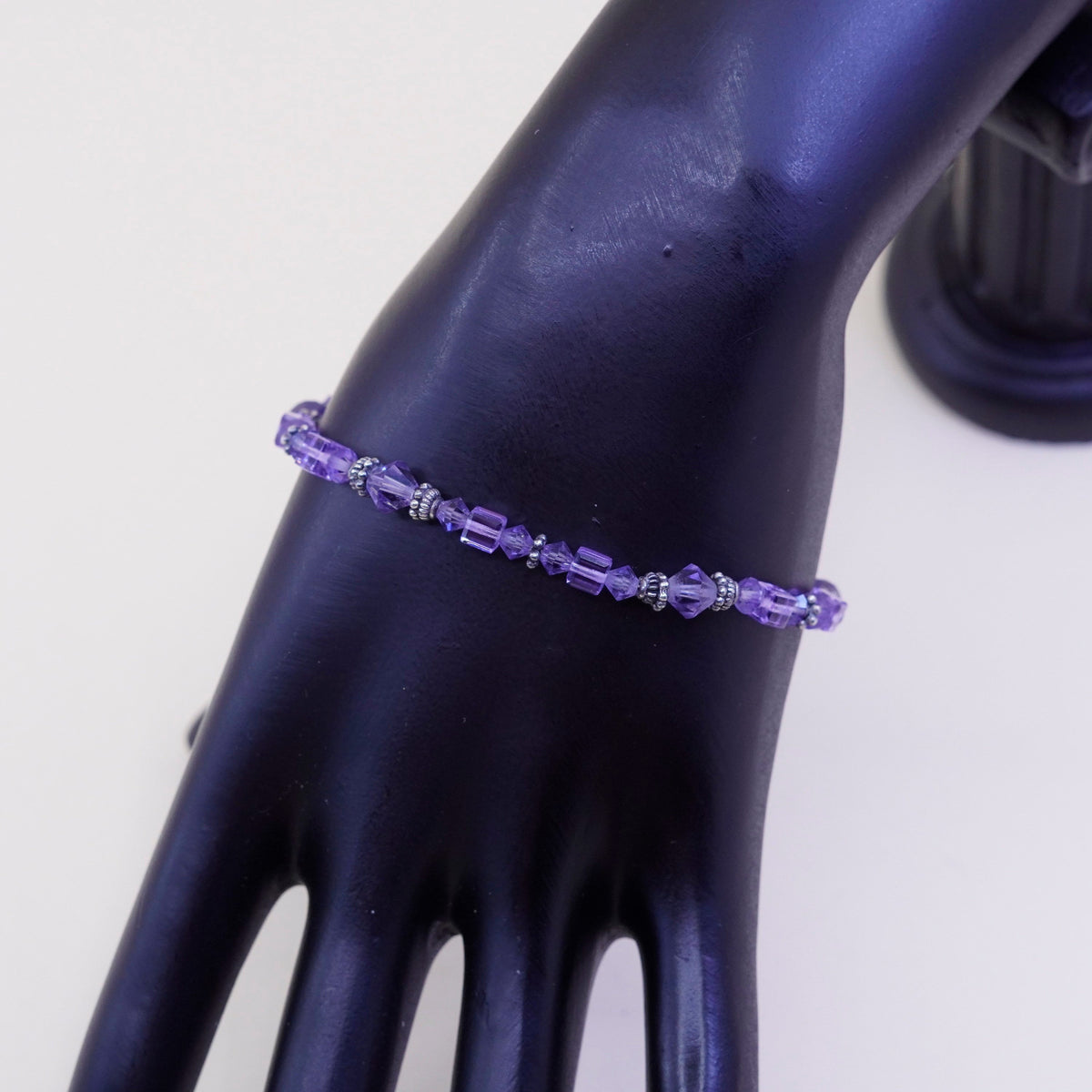 7.25” Vintage Sterling silver handmade bracelet, amethyst crystal beads