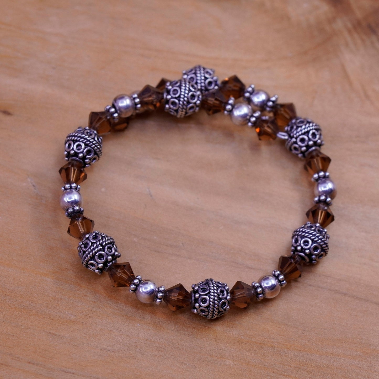 7.25”, modern Sterling silver handmade bracelet, 925 wrap bangle beads crystal