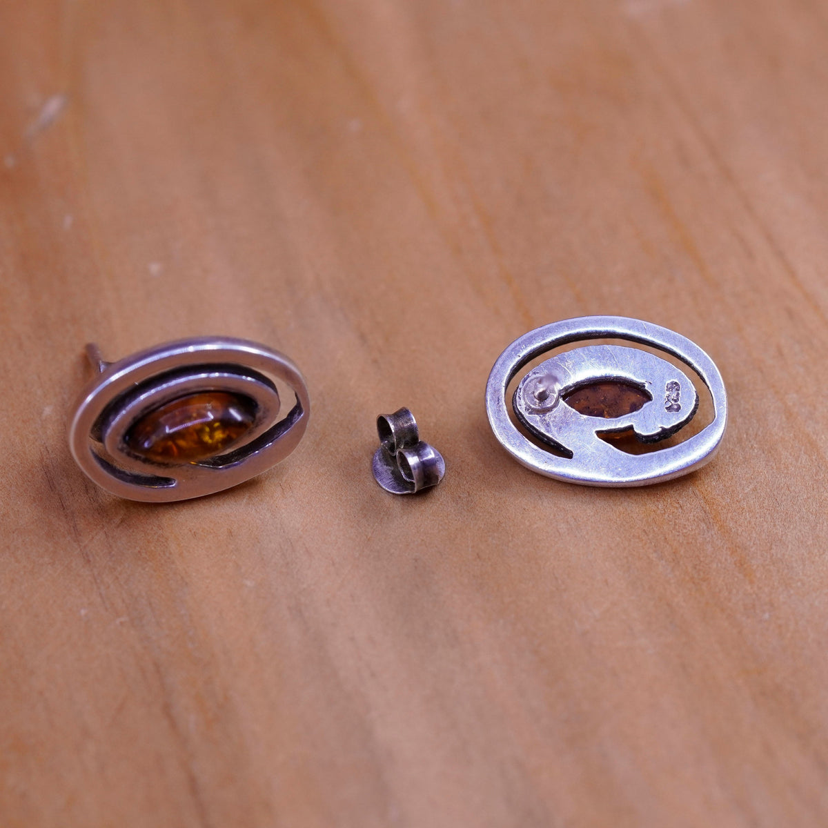 Vintage Mexico Sterling 925 silver handmade studs earrings with amber inlay