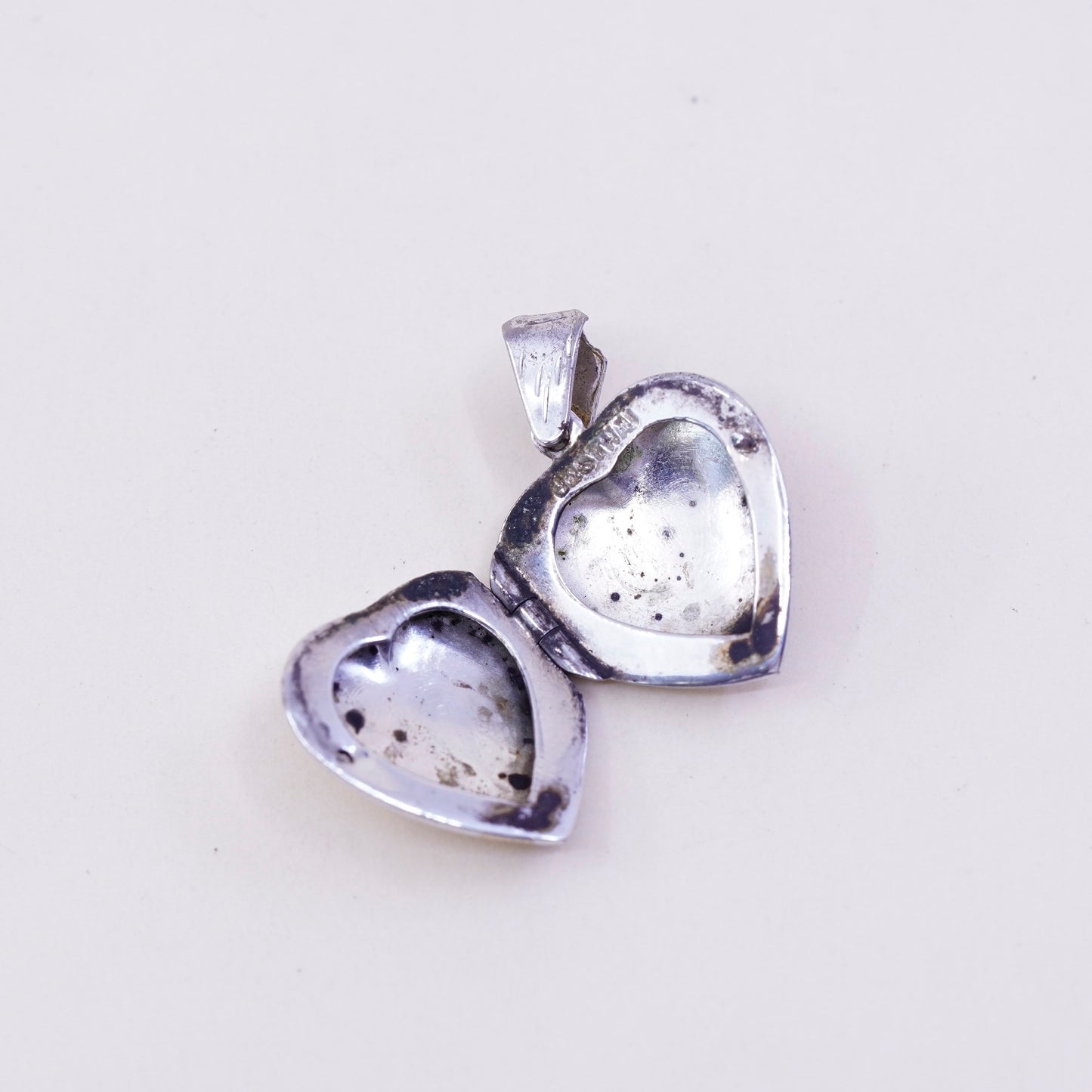 Vintage sterling silver photo locket charm pendant, flower textured 925 heart