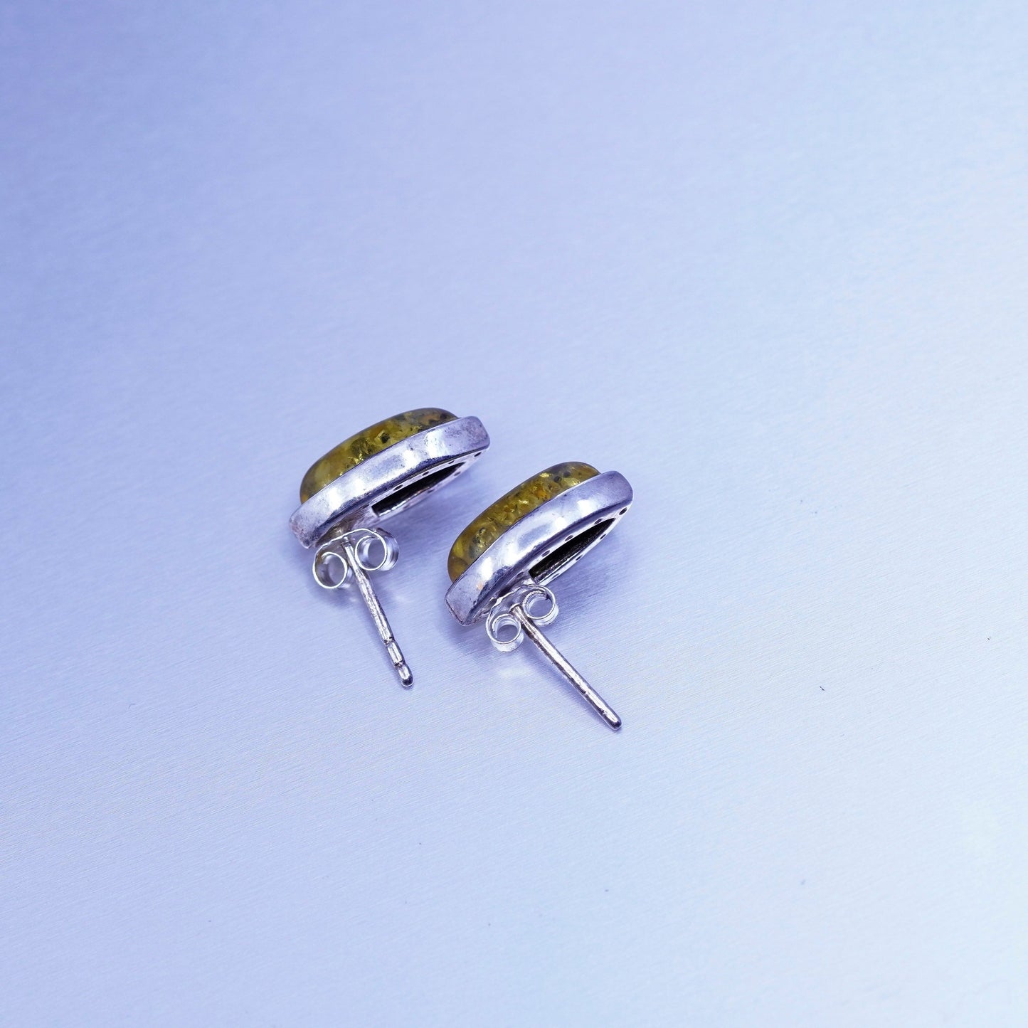 Vintage Sterling 925 silver handmade earrings, Marquise amber studs