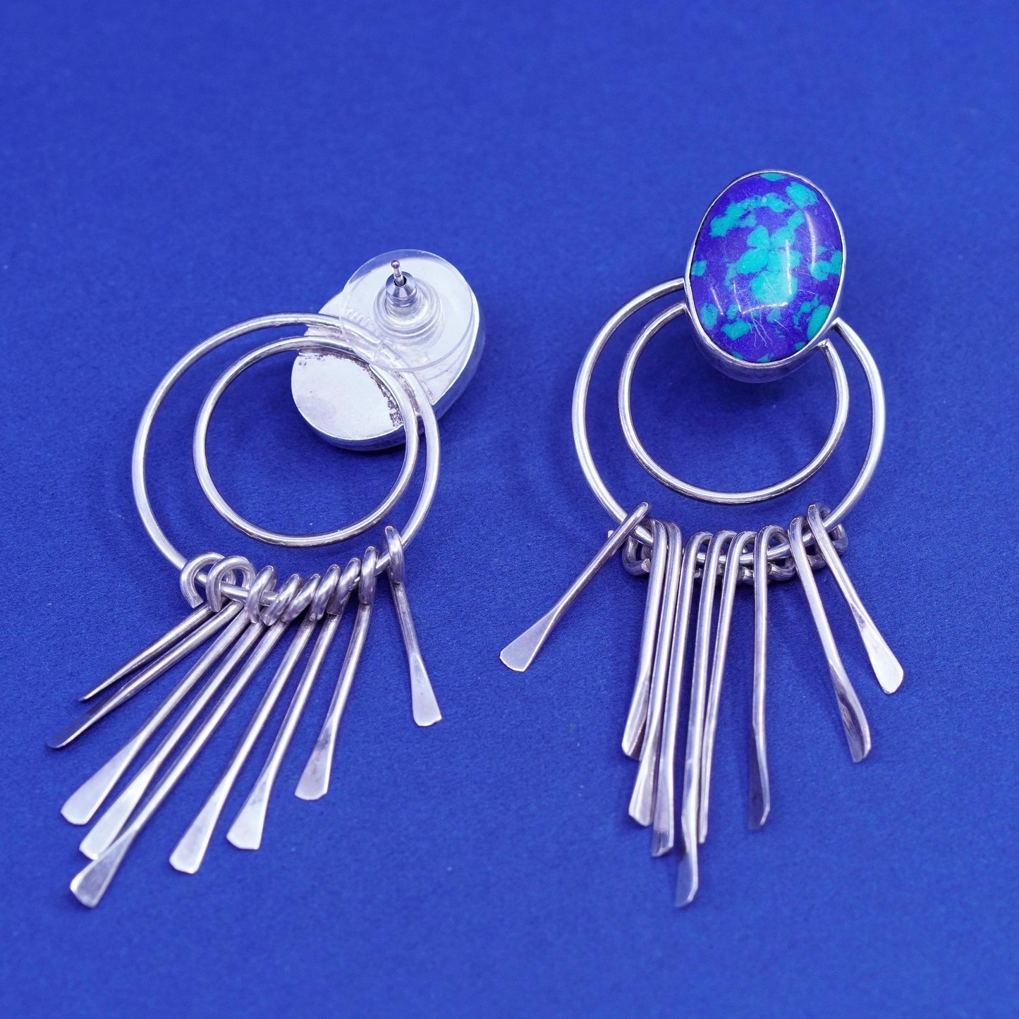 southwestern sterling silver handmade earrings, 925 fringe drops oval azurite