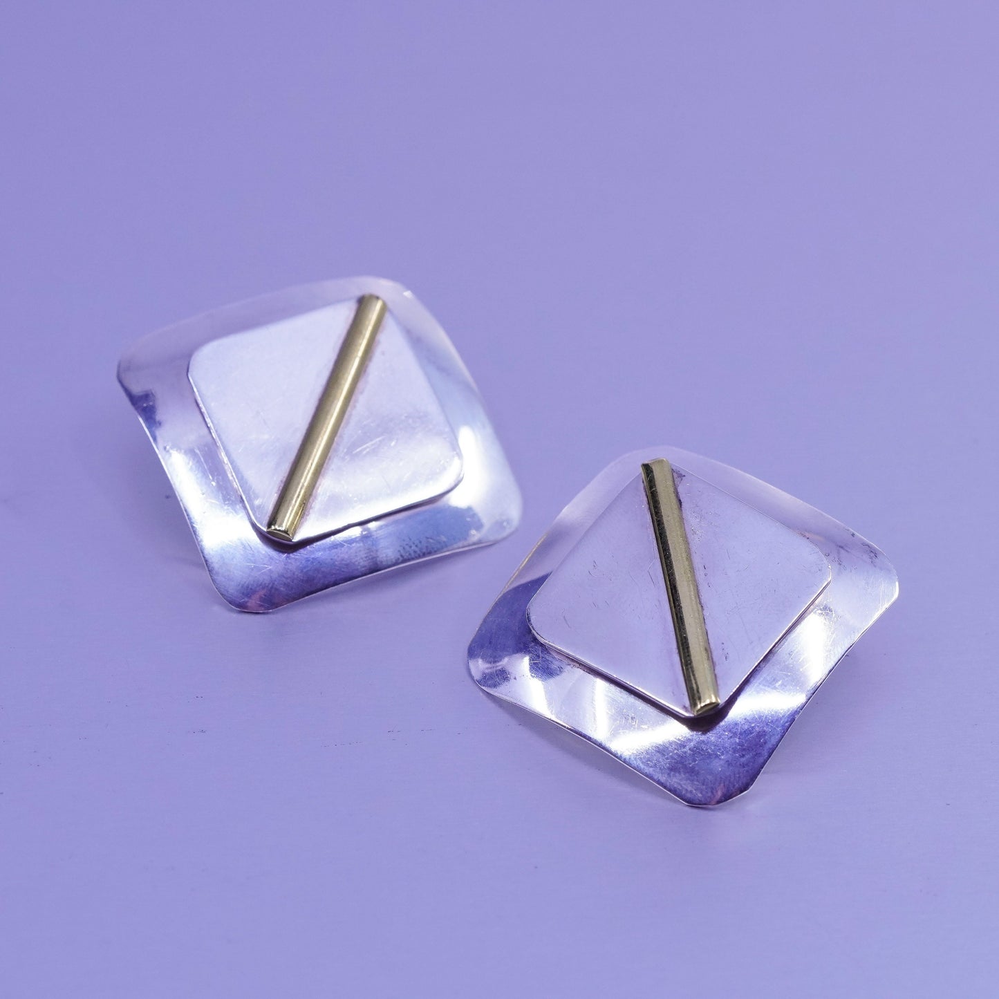 Vintage two tone Sterling 925 silver handmade earrings, square studs