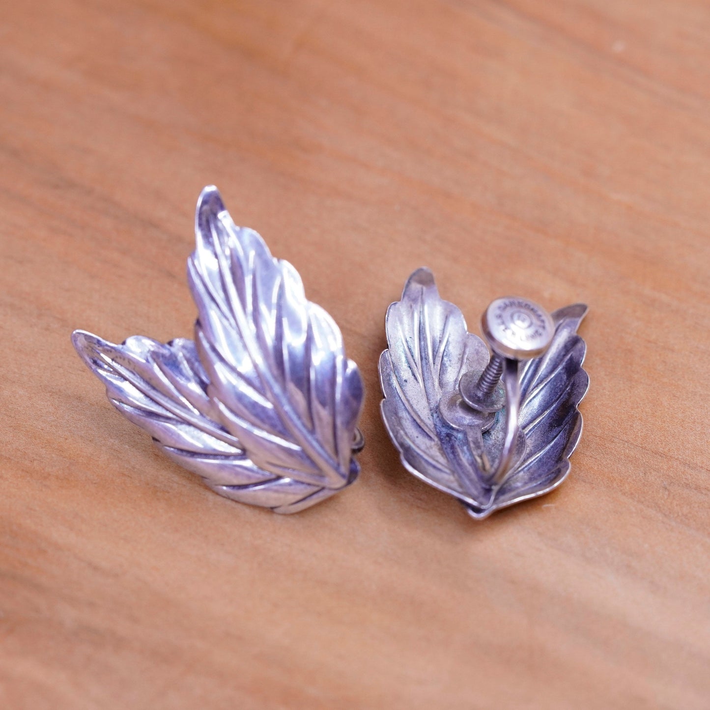 vtg danecraft Sterling silver handmade earrings, 925 leaves screw back earrings