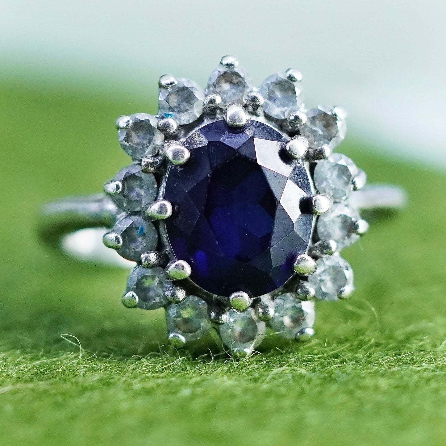 Size 6.25, vintage Sterling silver ring, 925 band with sapphire and cz