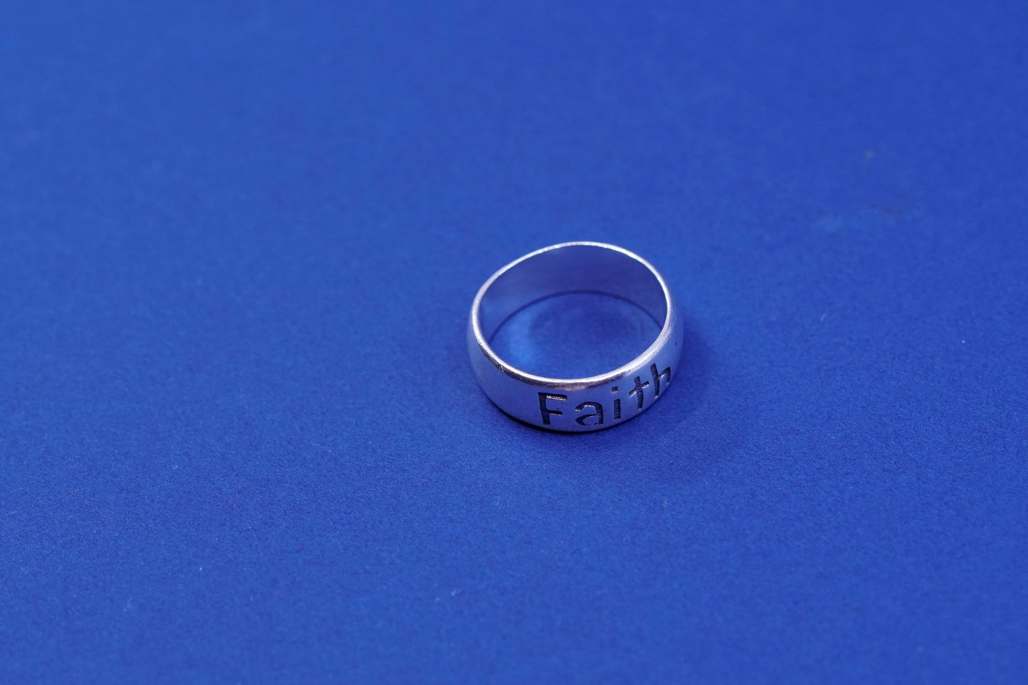 Size 7, vtg shube sterling silver handmade ring, 925 band with faith embossed