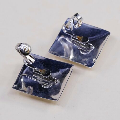 Vtg Mexico Square Sterling Silver Clip on Black Obsidian Earrings, Stamped 925