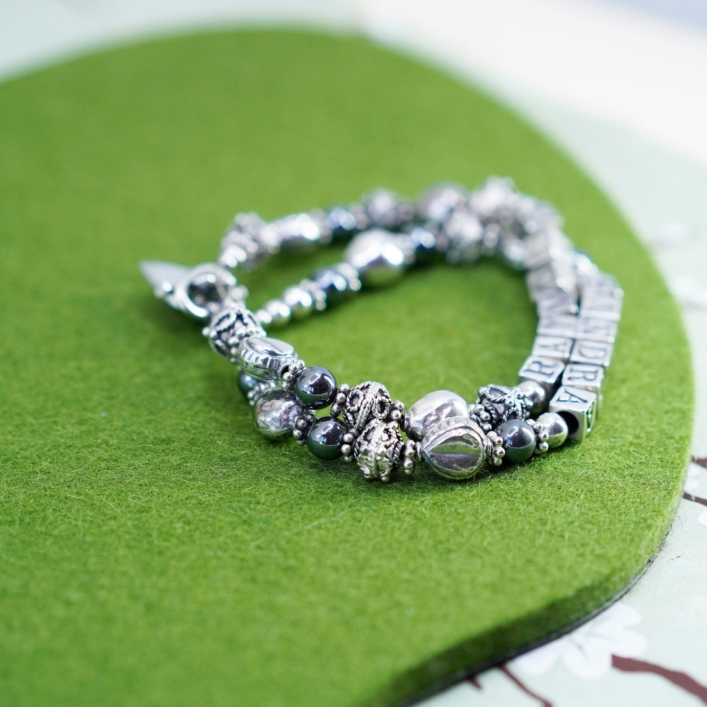 6.75”, Sterling 925 Silver hematite beads bracelet names “Raymond Sandra” cubes