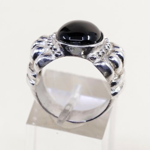 Sz 6.5, Vtg Sterling Silver Handmade Ring, 925 Band W Obsidian N Bali Beads