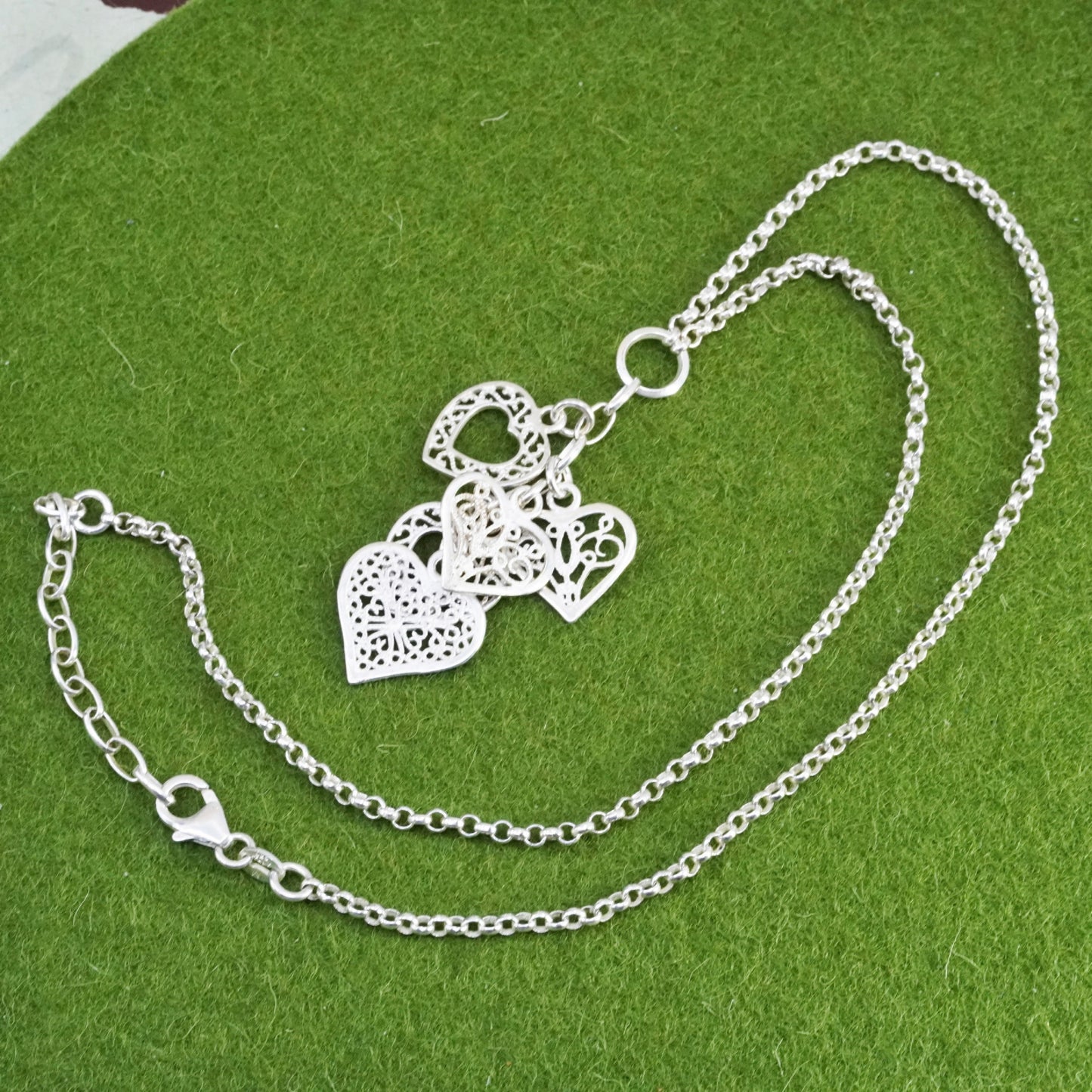 16+2”, Vintage 925 sterling silver circle chain with filigree heart pendant