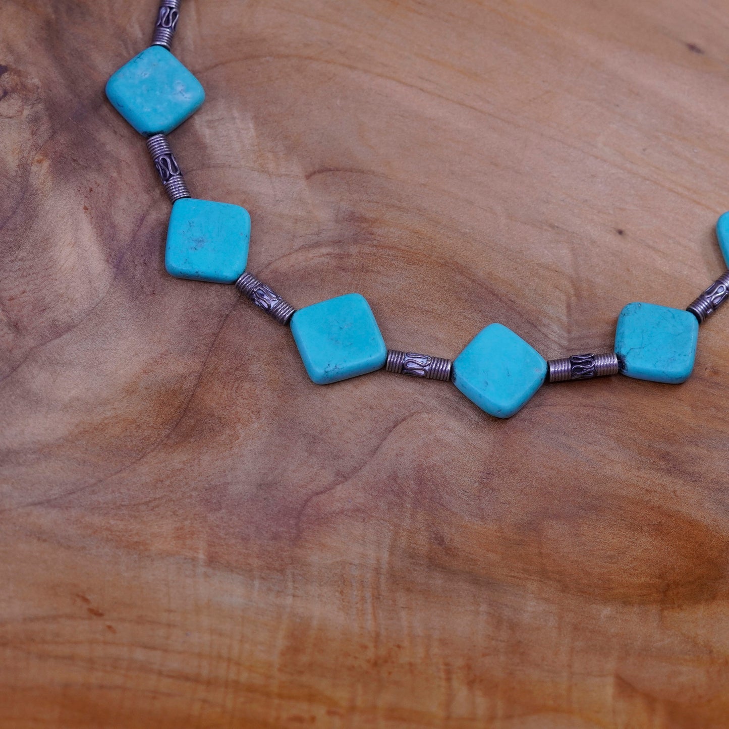 15”. Native American Sterling 925 silver handmade necklace w/ square turquoise