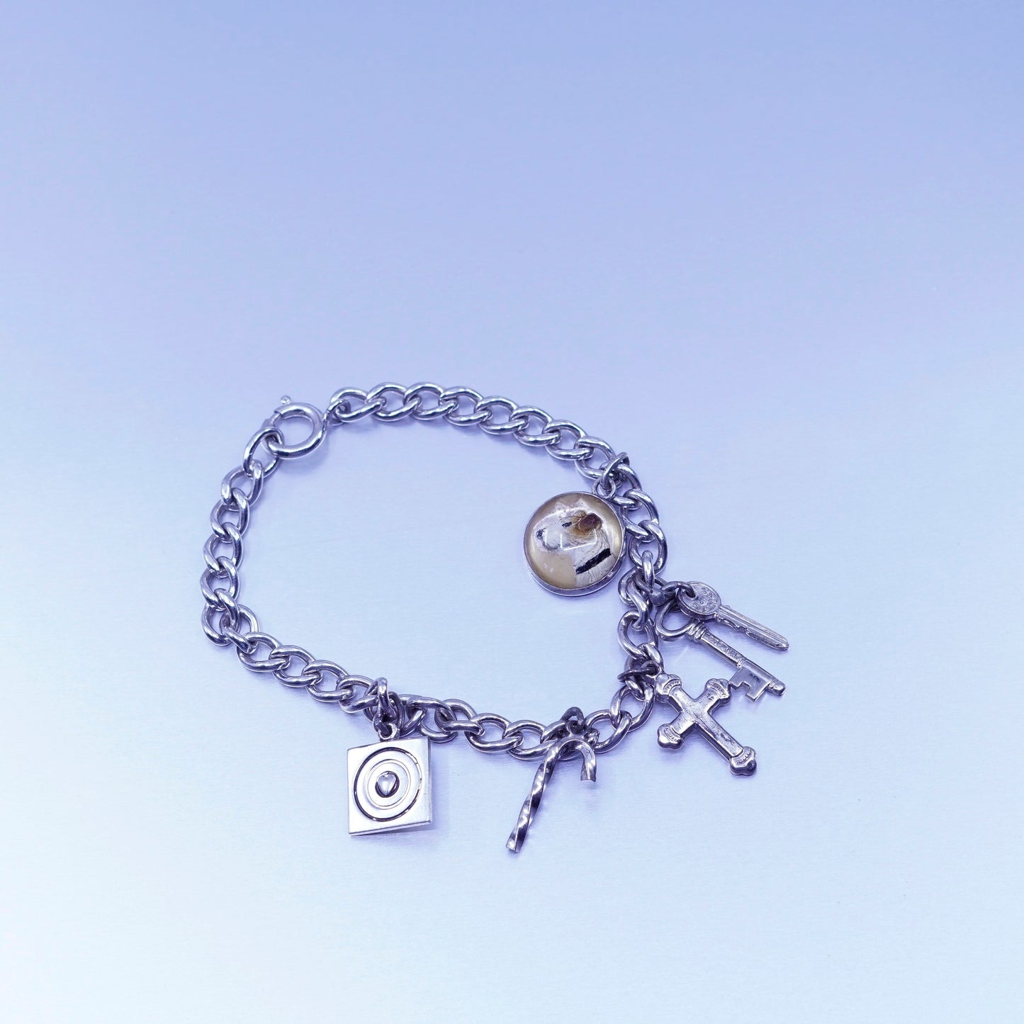 6.5”, Italy Sterling 925 silver bracelet, curb chain heart cross key dog charm