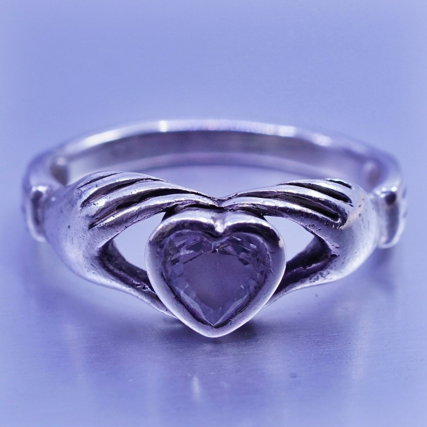 Size 6.75, Irish Claddagh friendship Sterling 925 silver ring, holding heart