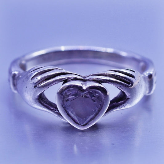 Size 6.75, Irish Claddagh friendship Sterling 925 silver ring, holding heart