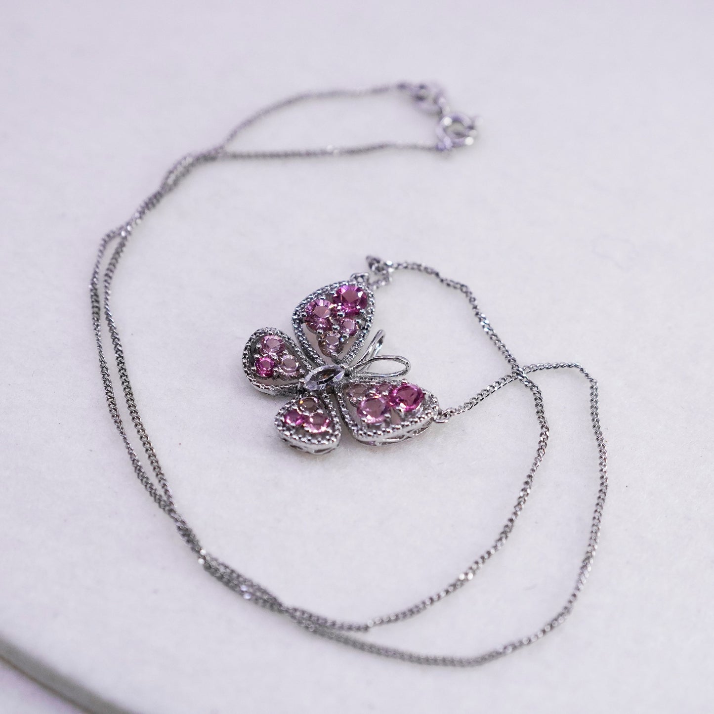 18”, Sterling 925 silver handmade flatten circle necklace butterfly pendant Cz