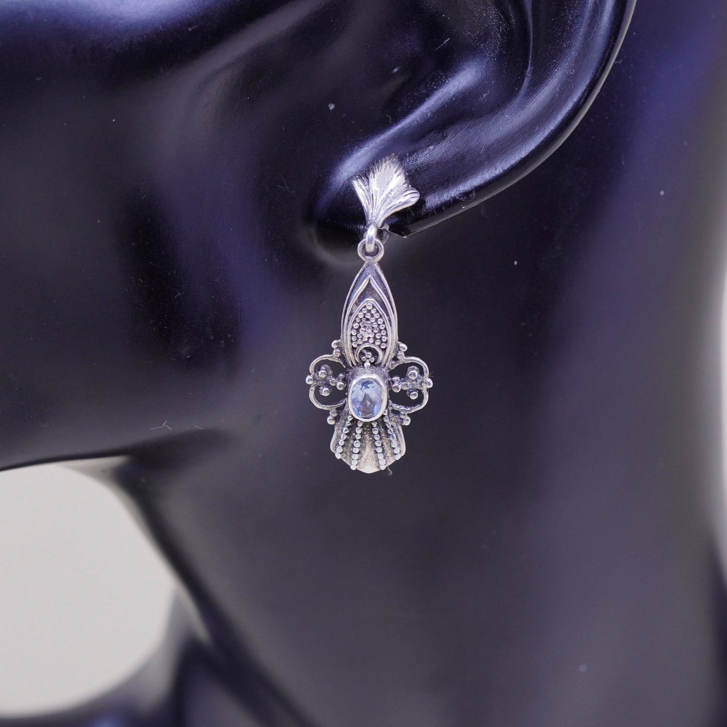 sterling silver handmade earrings, 925 beads dangles with oval blue topaz drops