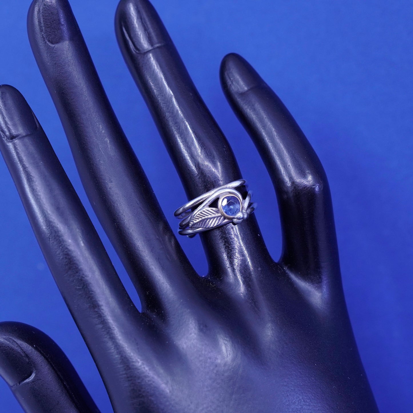 Size 5, two tone Sterling 925 silver handmade leaf ring topaz N 14K gold accent