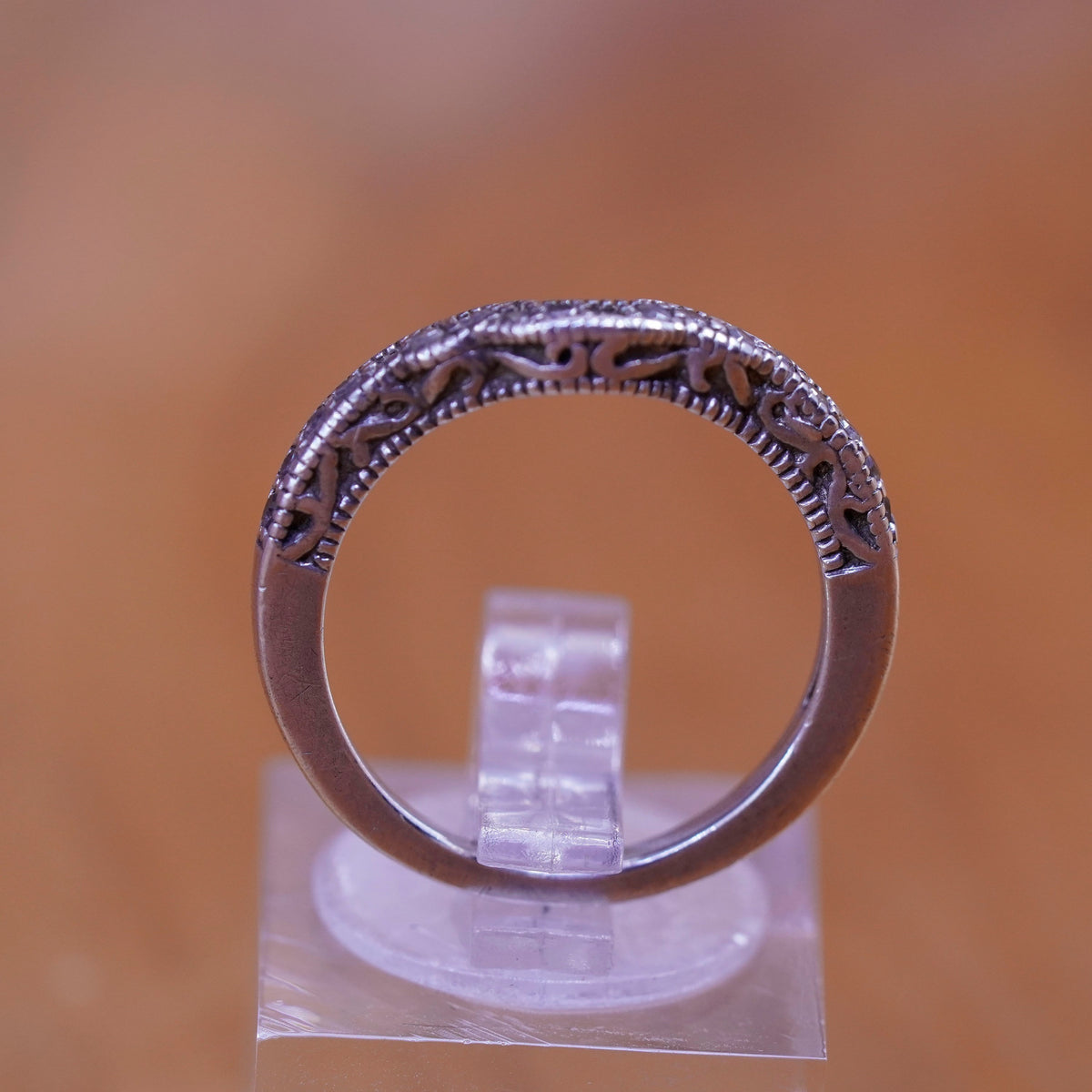 Size 6, vintage Sterling 925 silver wedding band ring with clear crystal