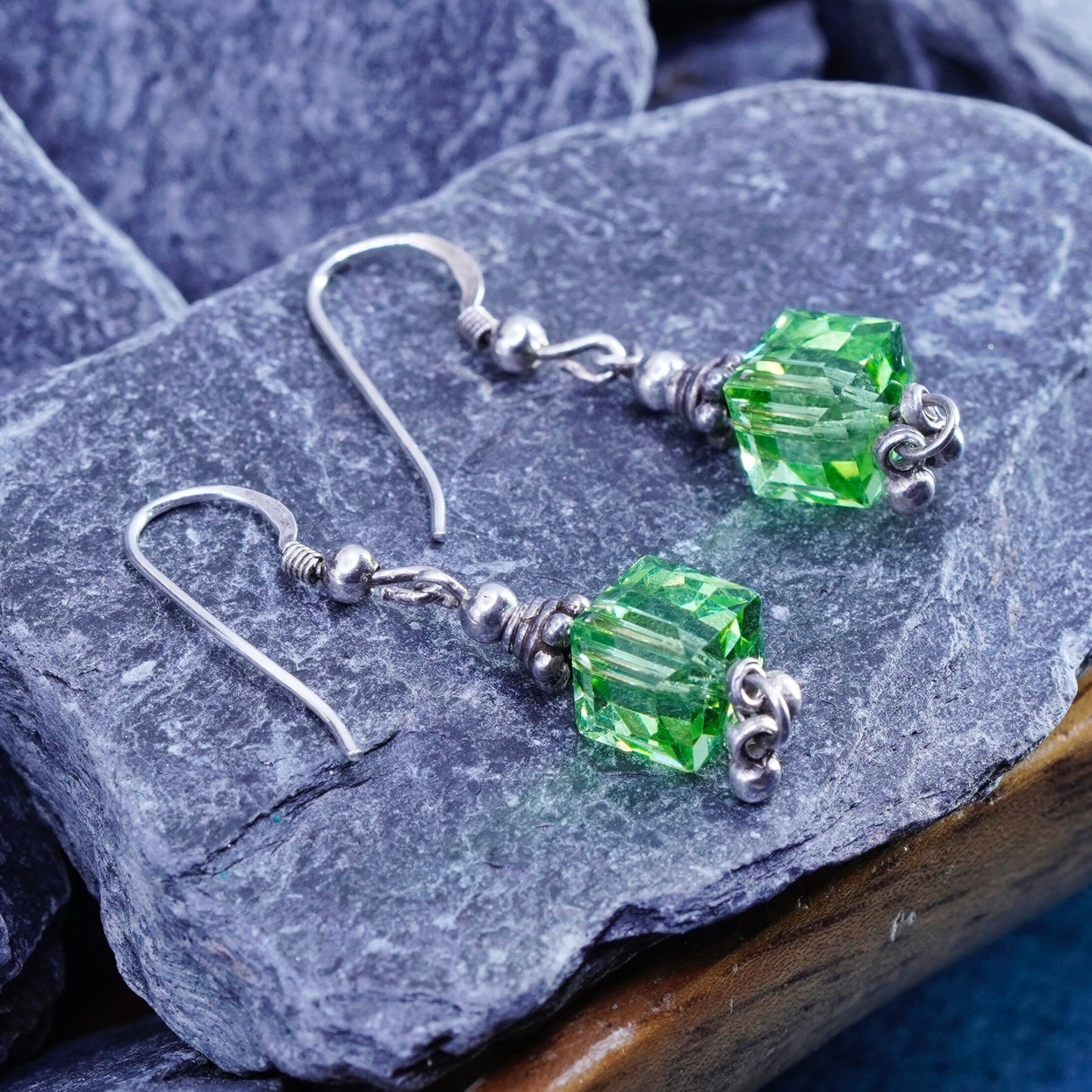 Vintage sterling 925 silver earrings with green cz dangles