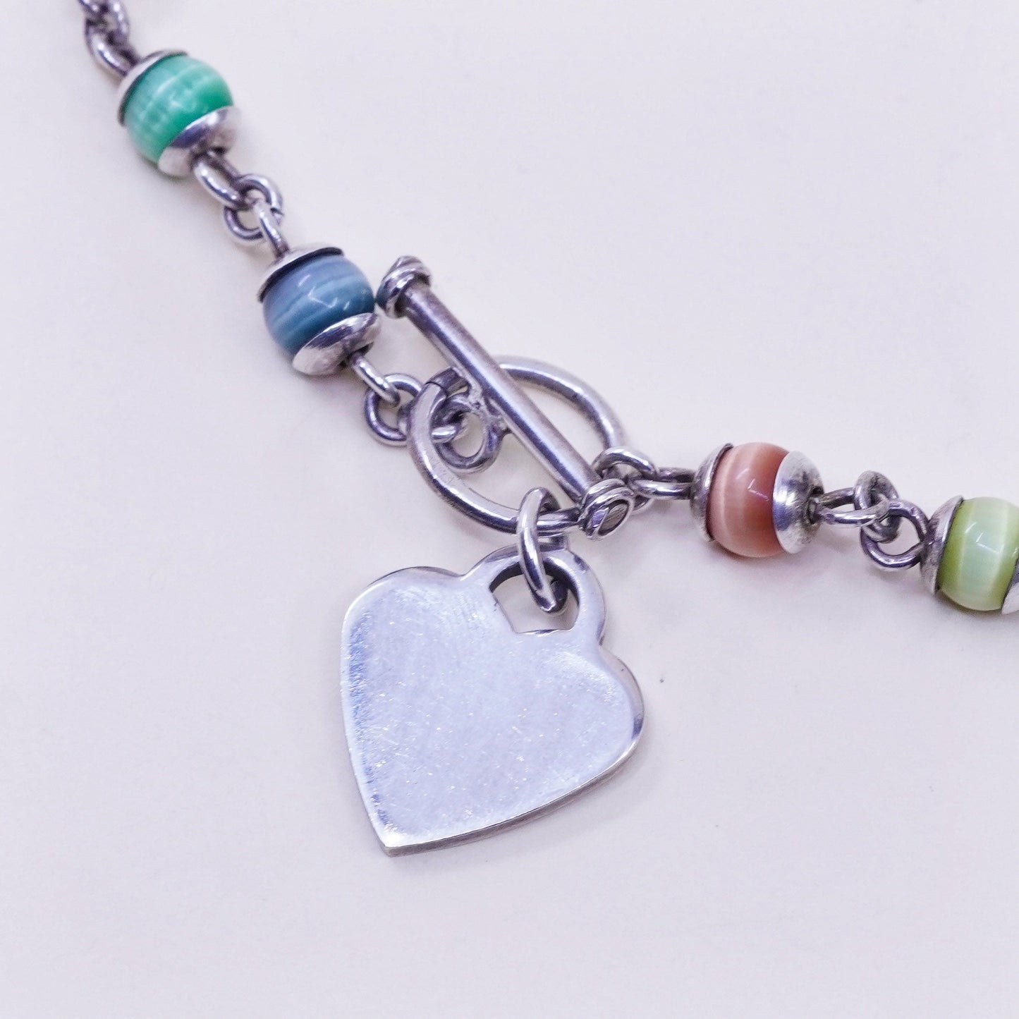 16”, sterling silver handmade necklace, colorful tiger eye beads heart charm