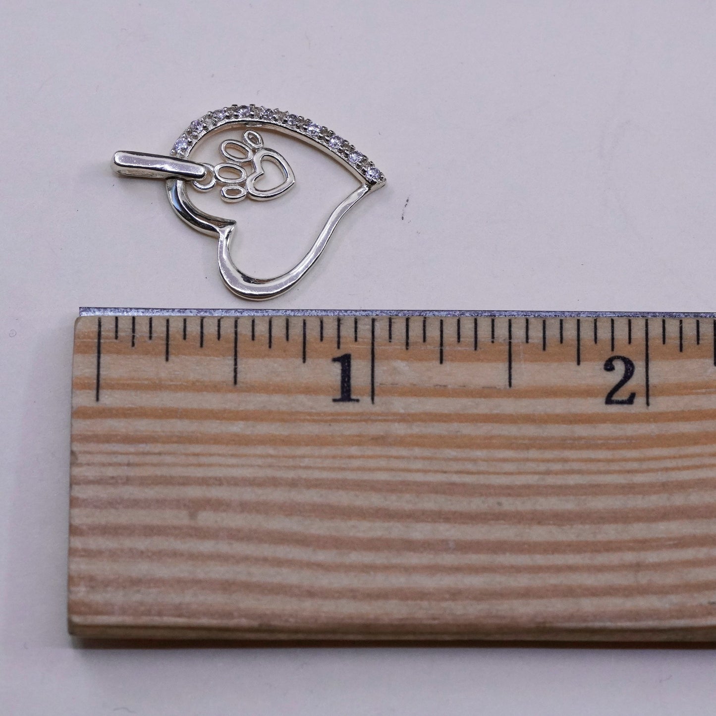 Vintage Sterling 925 silver handmade heart pendant with cz and paw charm