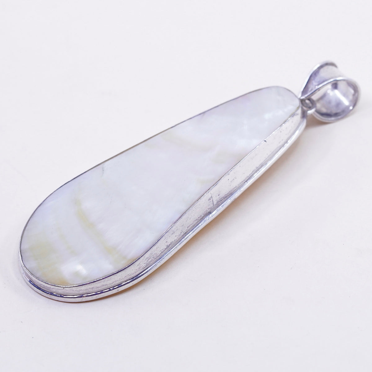 Vintage sterling silver handmade pendant, huge 925 teardrop mother of pearl