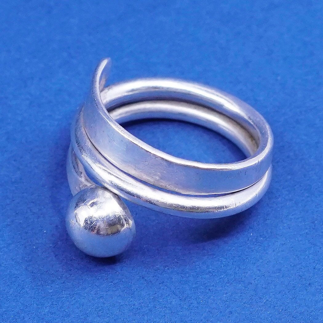 sz 7.75, Mexico Sterling silver handmade wrap ring, 925 statement ring w/ bead