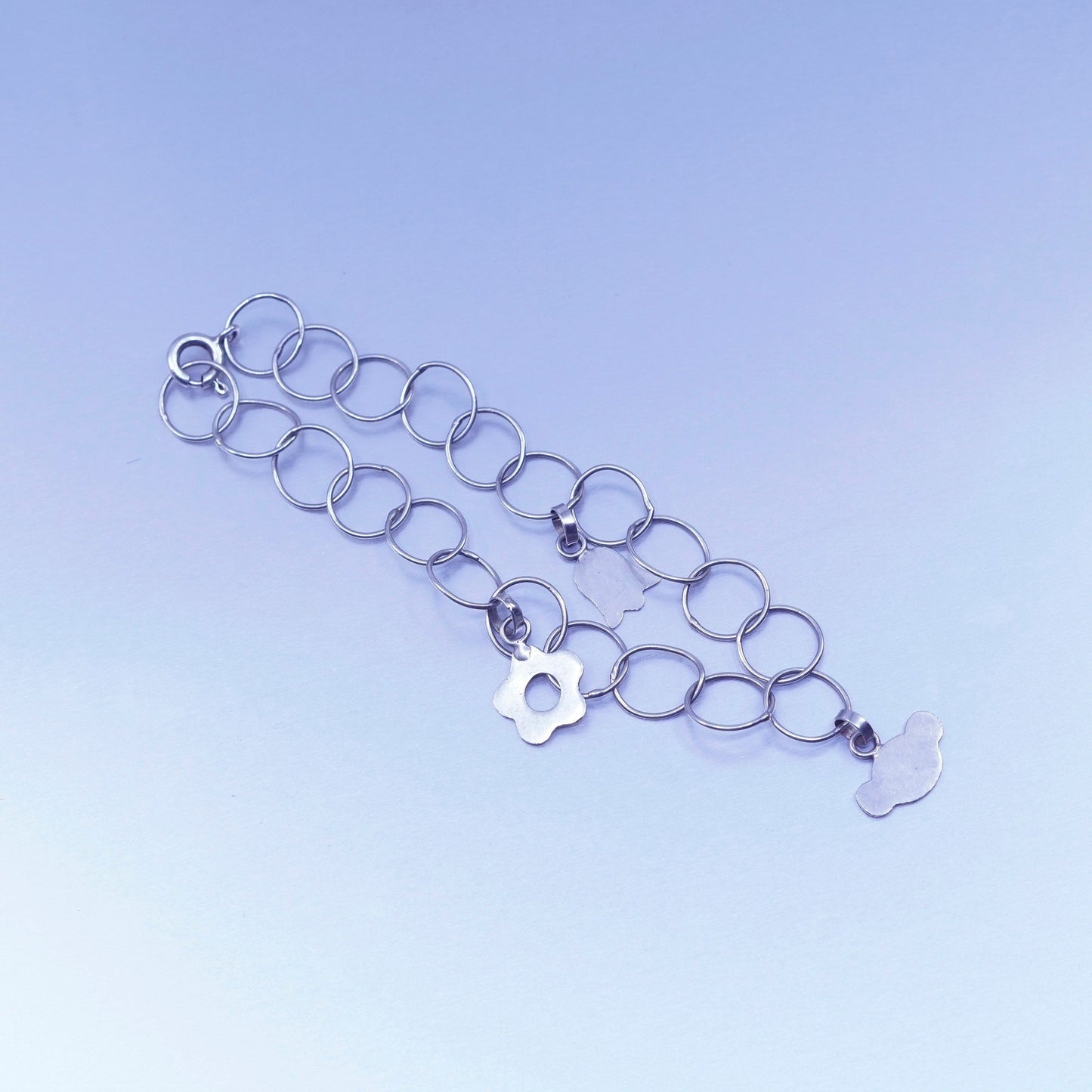 7.25”, Sterling 925 silver bracelet, circle chain flower teddy bear charms