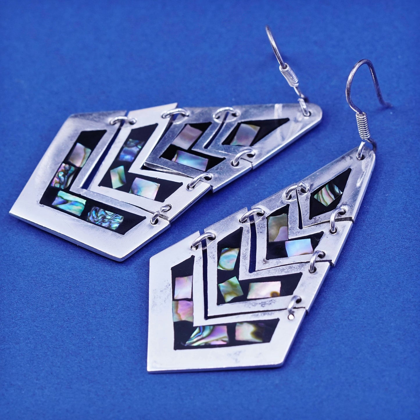Vintage mexico Sterling 925 silver handmade teardrop earrings enamel abalone