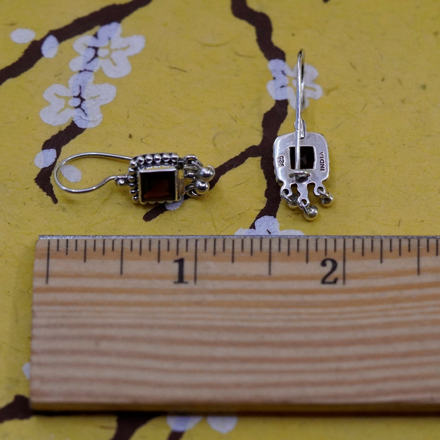 Vintage Sterling 925 silver handmade earrings with square ruby and beads