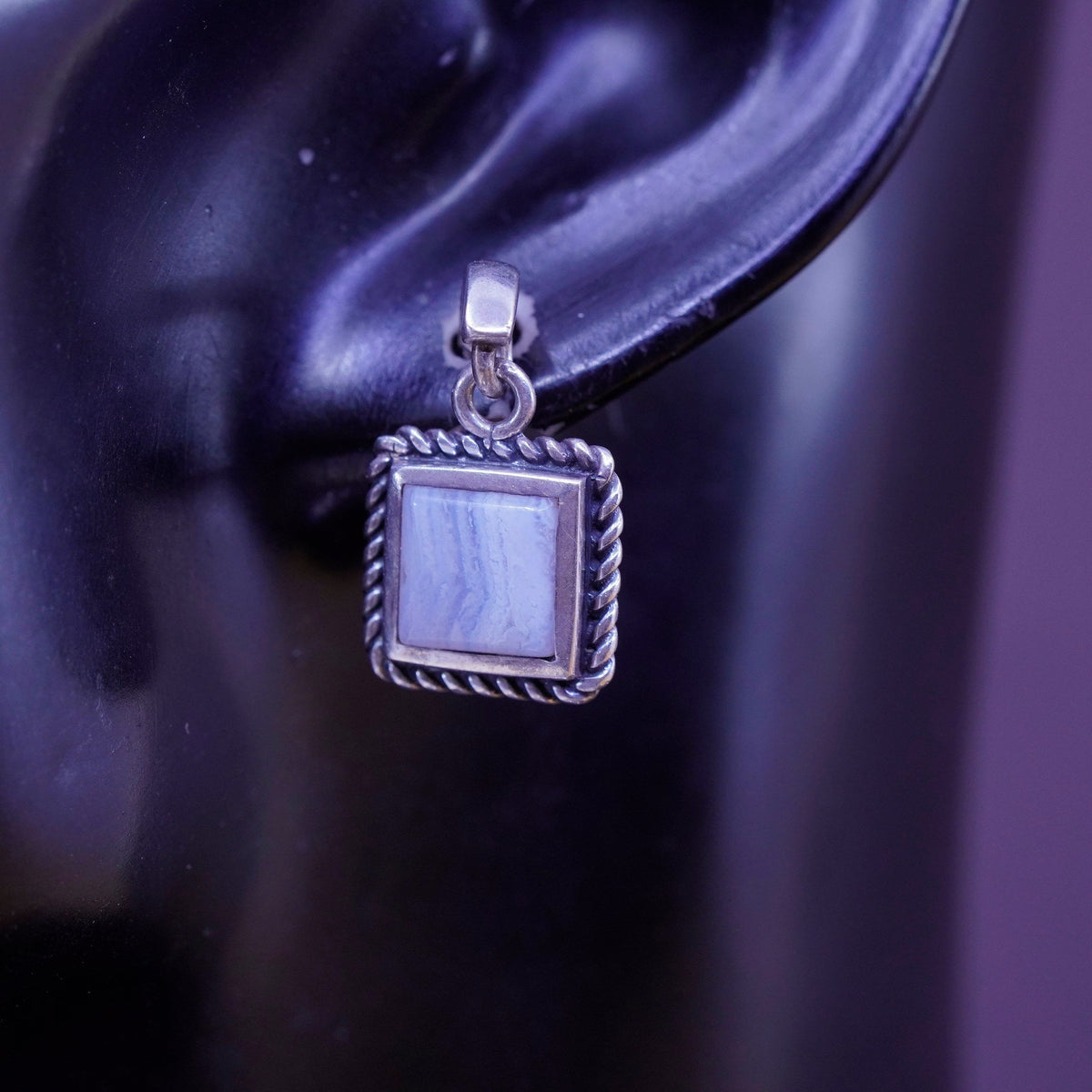Vintage Sterling silver handmade earrings, 925 Huggie studs lace agate cable