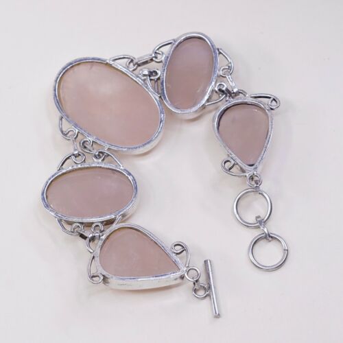 7+0.5”, Vtg Sterling Silver Handmade Bracelet W/ Huge Pink Quartz N Toggle Closu