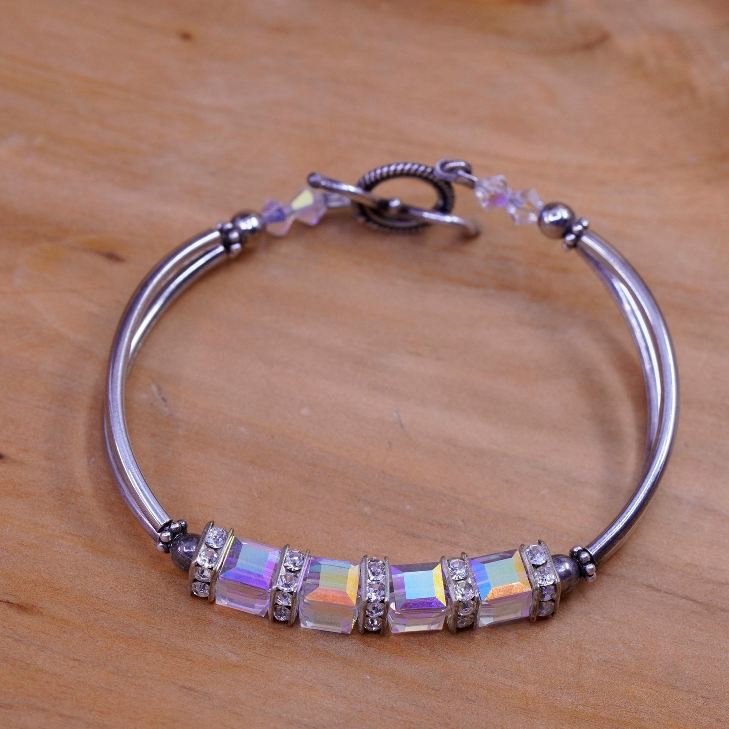 6”, vtg Sterling silver handmade beads bracelet, 925 bar with crystal and cz