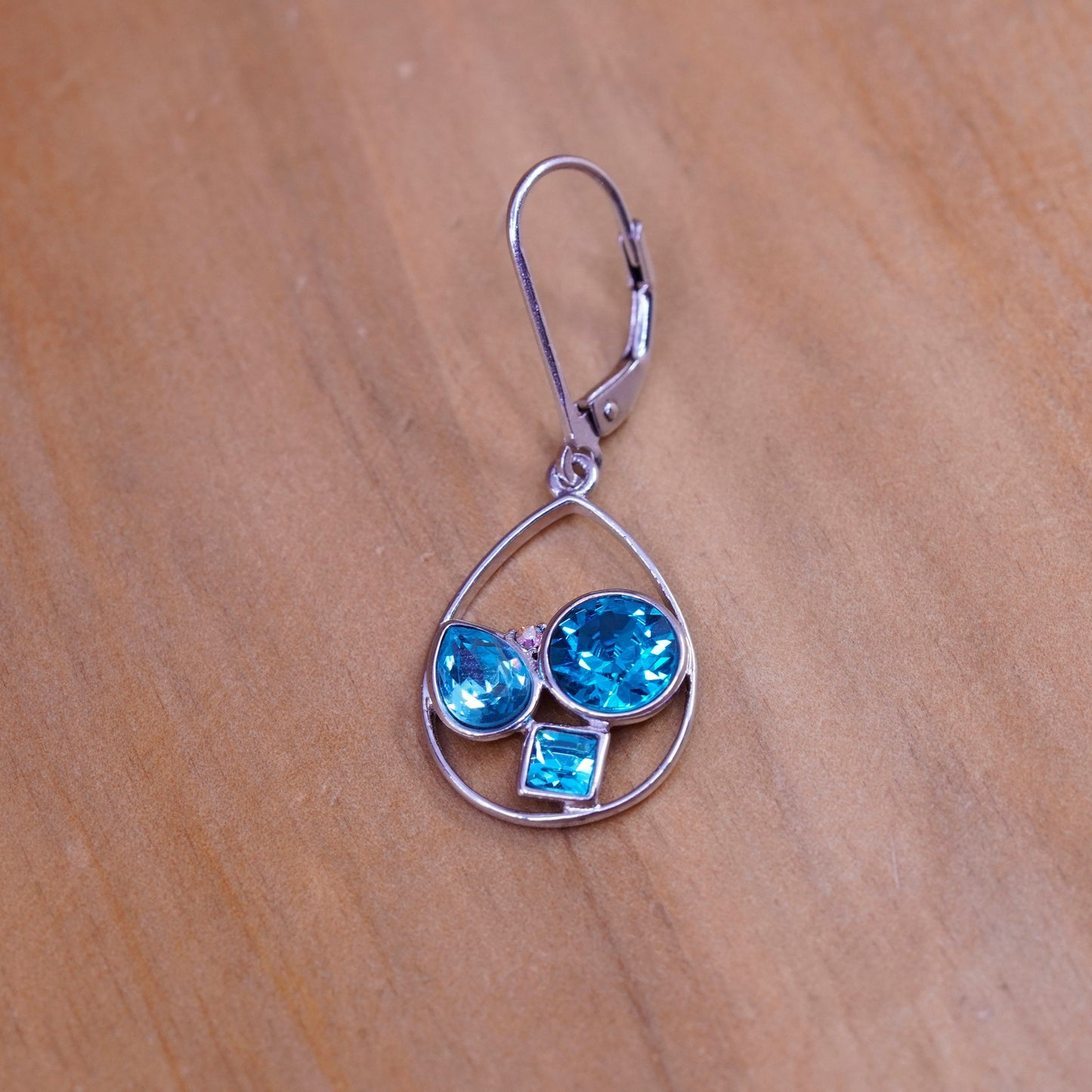 Vintage Sterling 925 silver handmade teardrop earrings with blue rhinestone