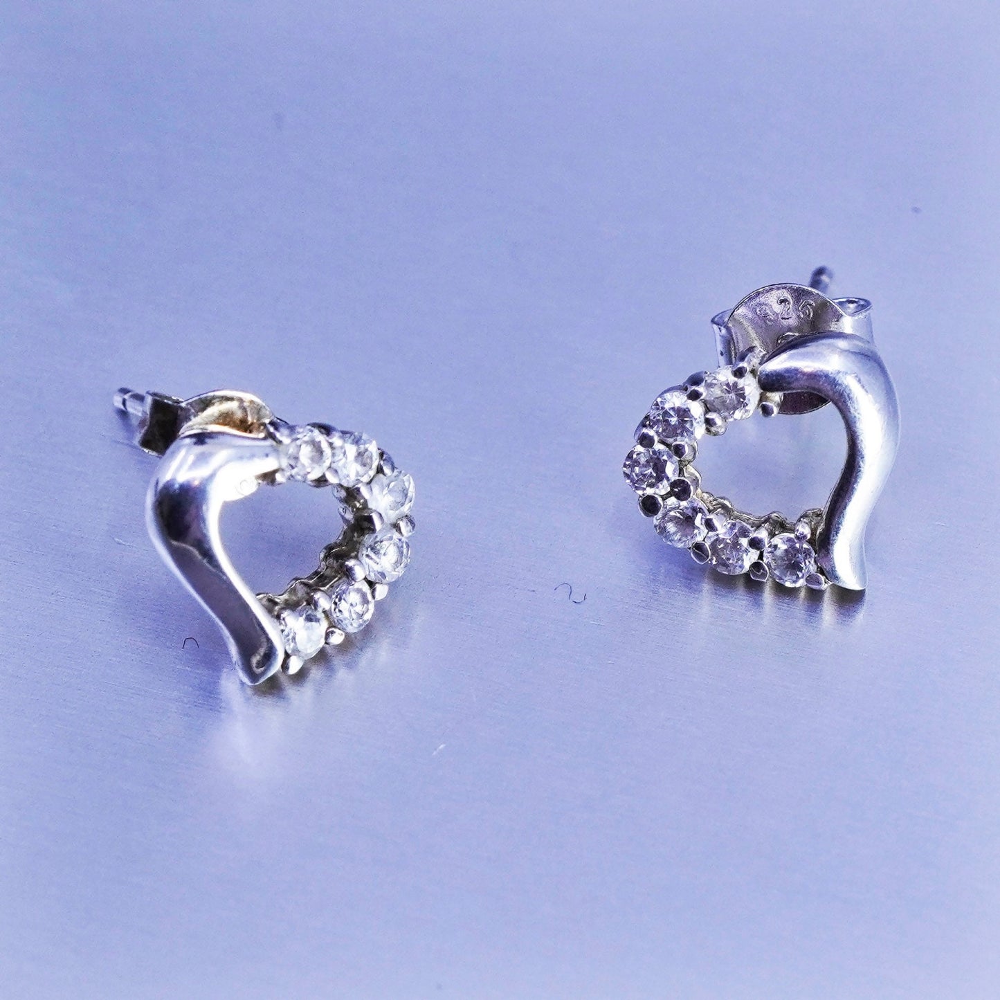 Vintage Sterling 925 silver handmade heart earrings, studs with cz