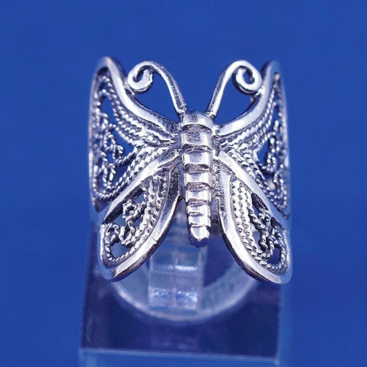 sz 5.5, vtg sterling silver handmade ring, 925 filigree butterfly band