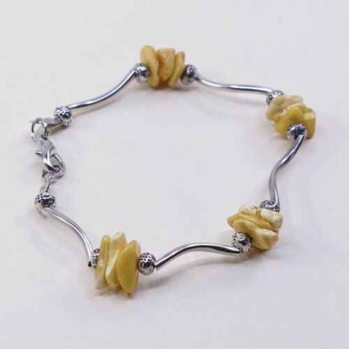 7.25”, Vtg Sterling 925 Silver Handmade Wavy Bar Bracelet W/ Amber Bead
