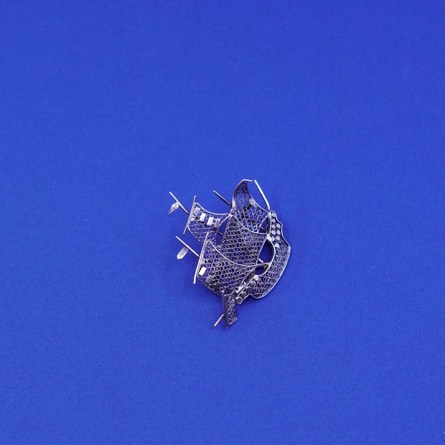 Vintage sterling silver handmade brooch, 800 filigree boat pin