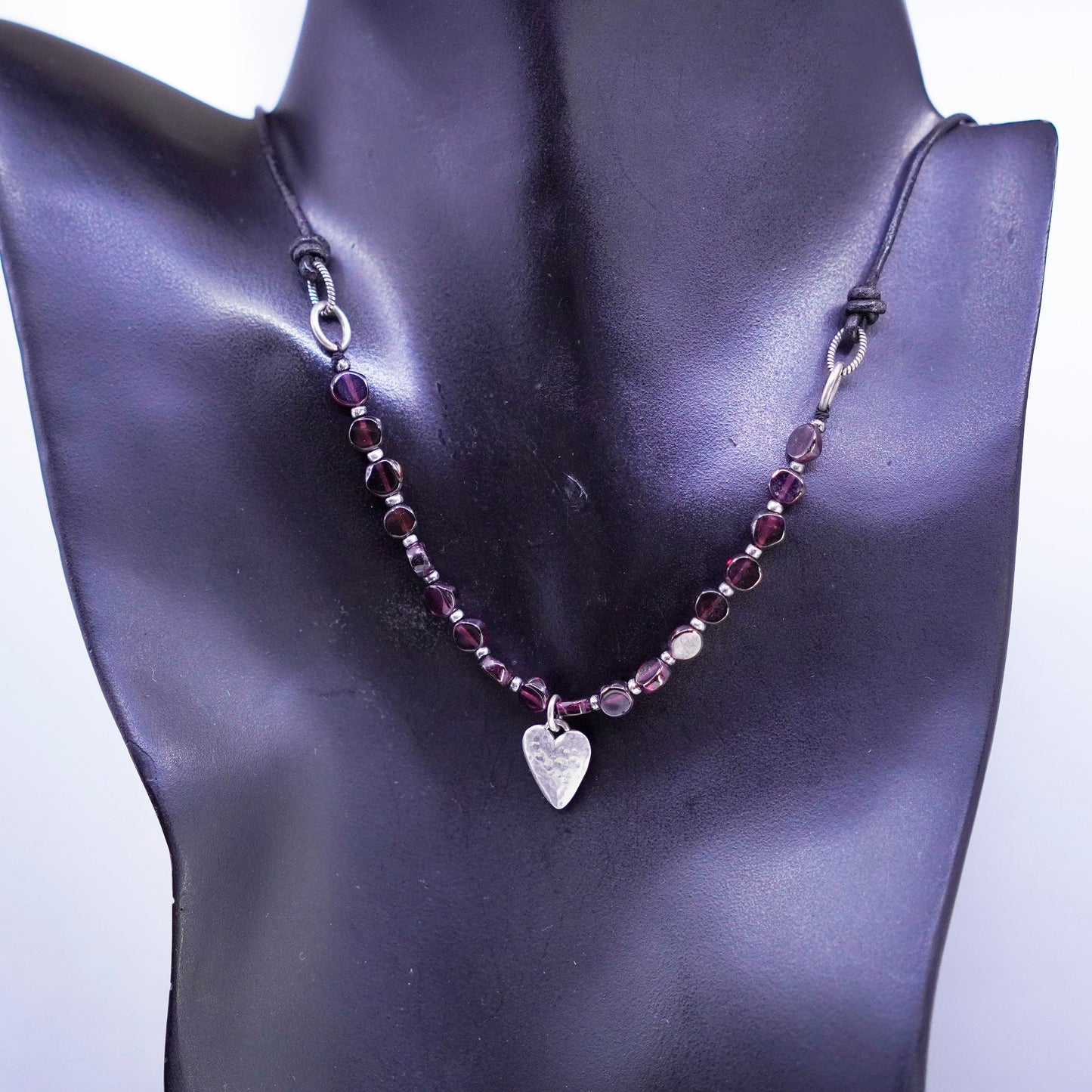 18”, Silpada RARE N1898 Garnet Leather Sterling Silver Heart Pendant Necklace