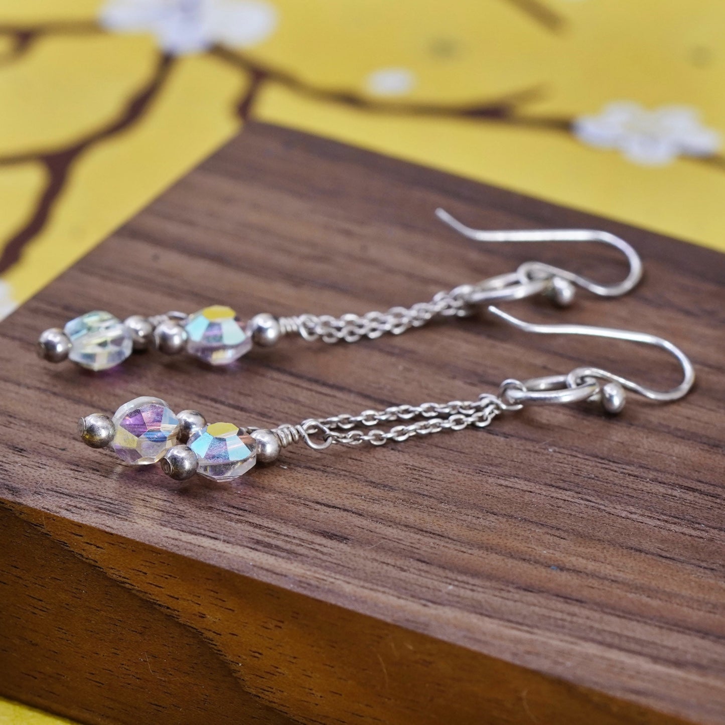 Vintage Sterling 925 silver handmade long earrings with crystal beads