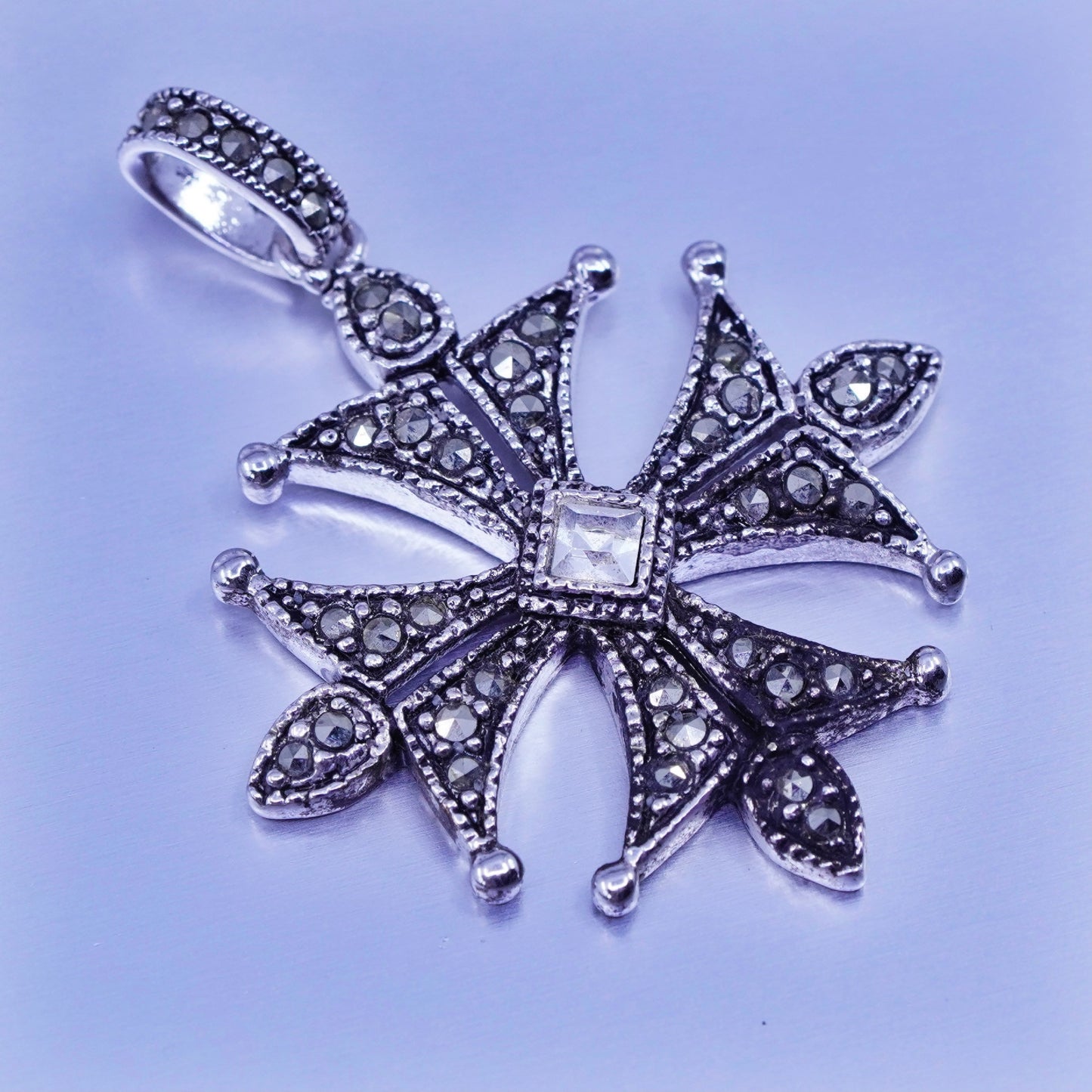 Antique silver tone cross pendant with Marcasite and cz
