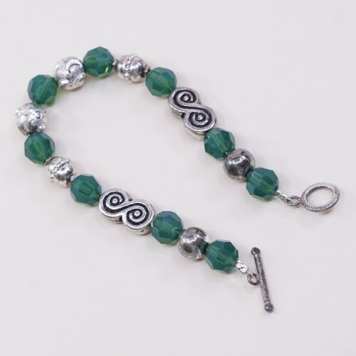 6”, Vtg Sterling Silver Handmade Bracelet, 925 Silver Toggle W/ Green Beads