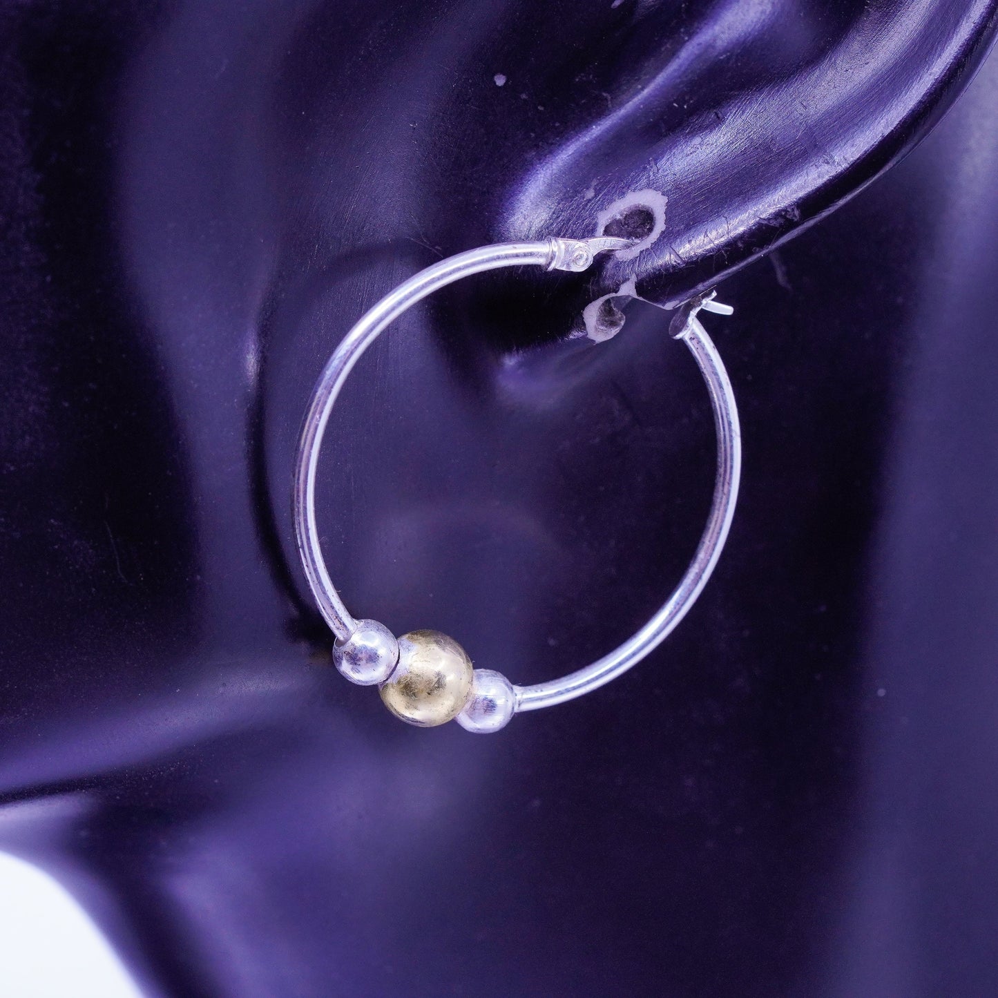 1.25”, VTG Italy two tone Sterling silver handmade earrings, 925 hoops beads