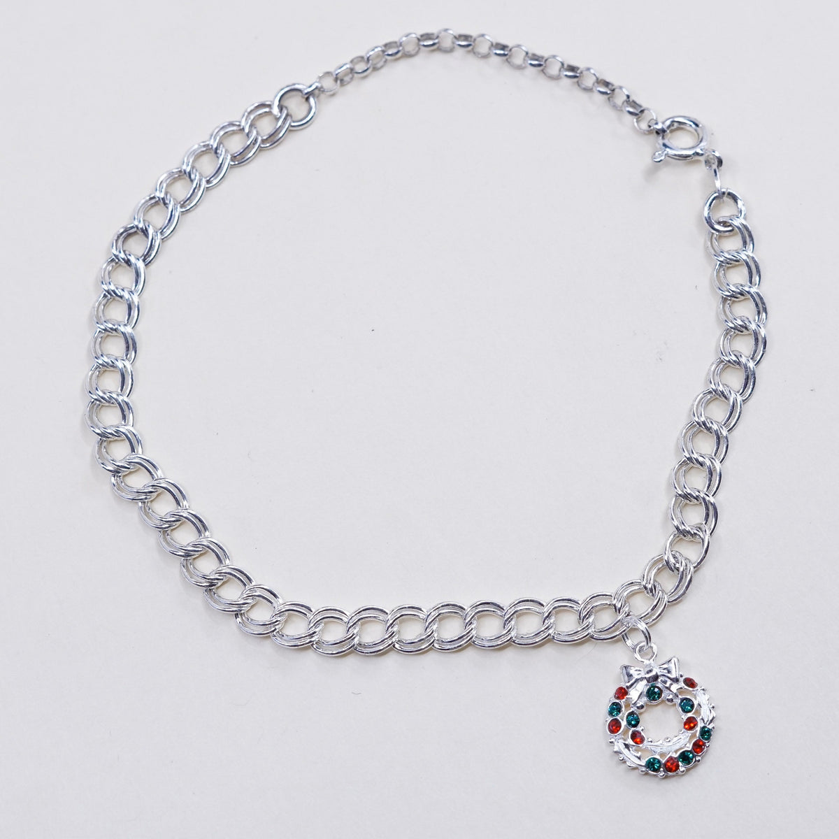 9.5”, sterling silver double curb bracelet anklet, italy 925 w/ wreath charm