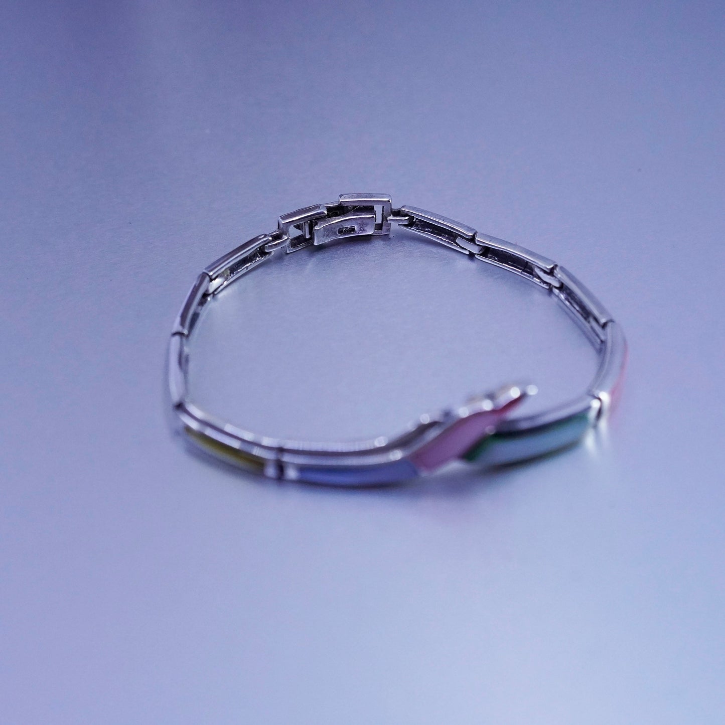 6.75”, Sterling 925 silver tennis bracelet chain with pink blue mother of pearl