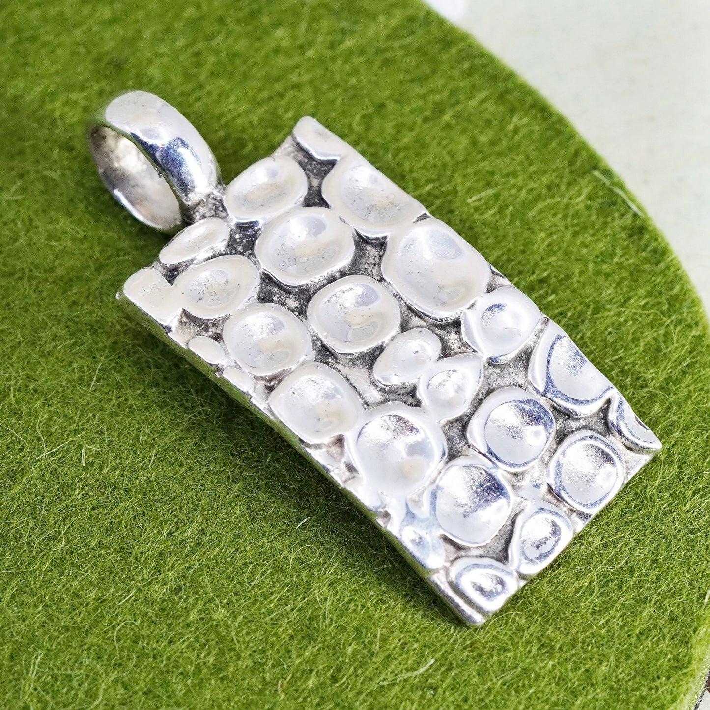Vintage sterling silver handmade pendant, 925 rectangular hammered dotted tag