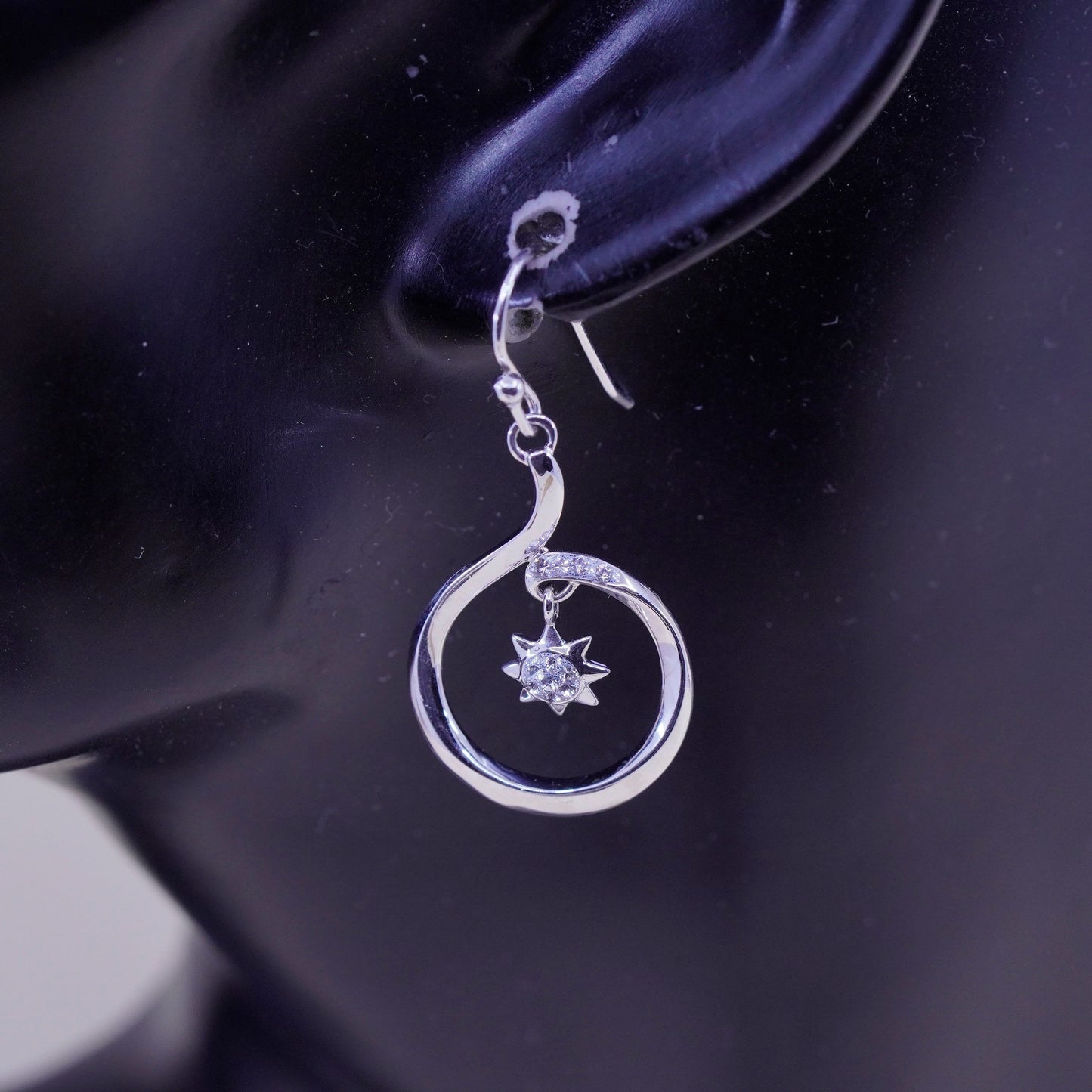 Vintage sterling silver handmade earrings, 925 snowflake drops with cz inlay