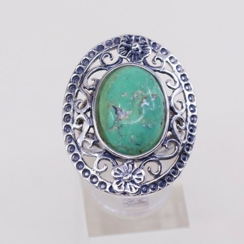 Sz 7, Vtg Thailand Handmade Sterling 925 Filigree W/ Turquoise Statement Ring