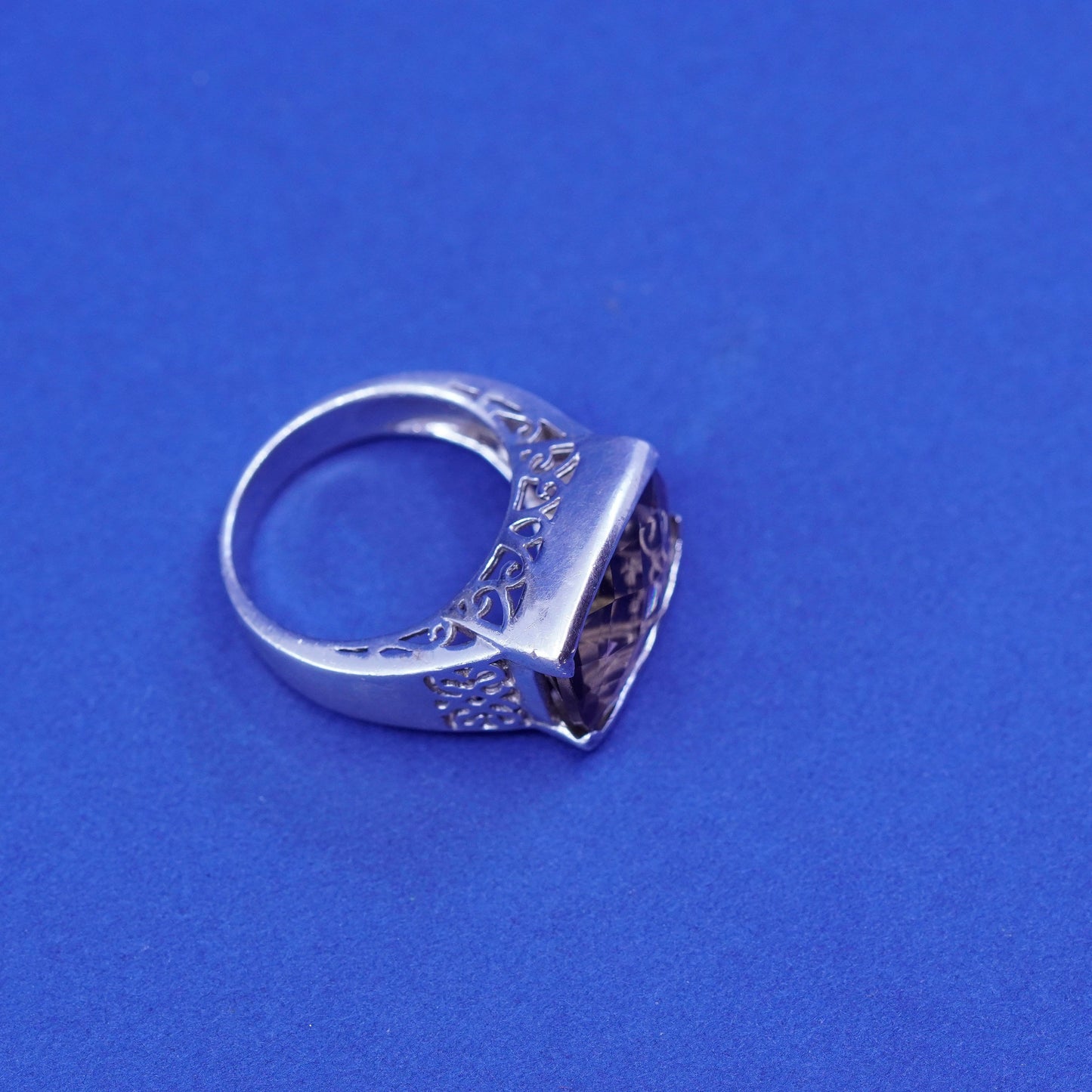 Size 7.25, sterling 925 silver handmade filigree ring w/ cushion smoky topaz