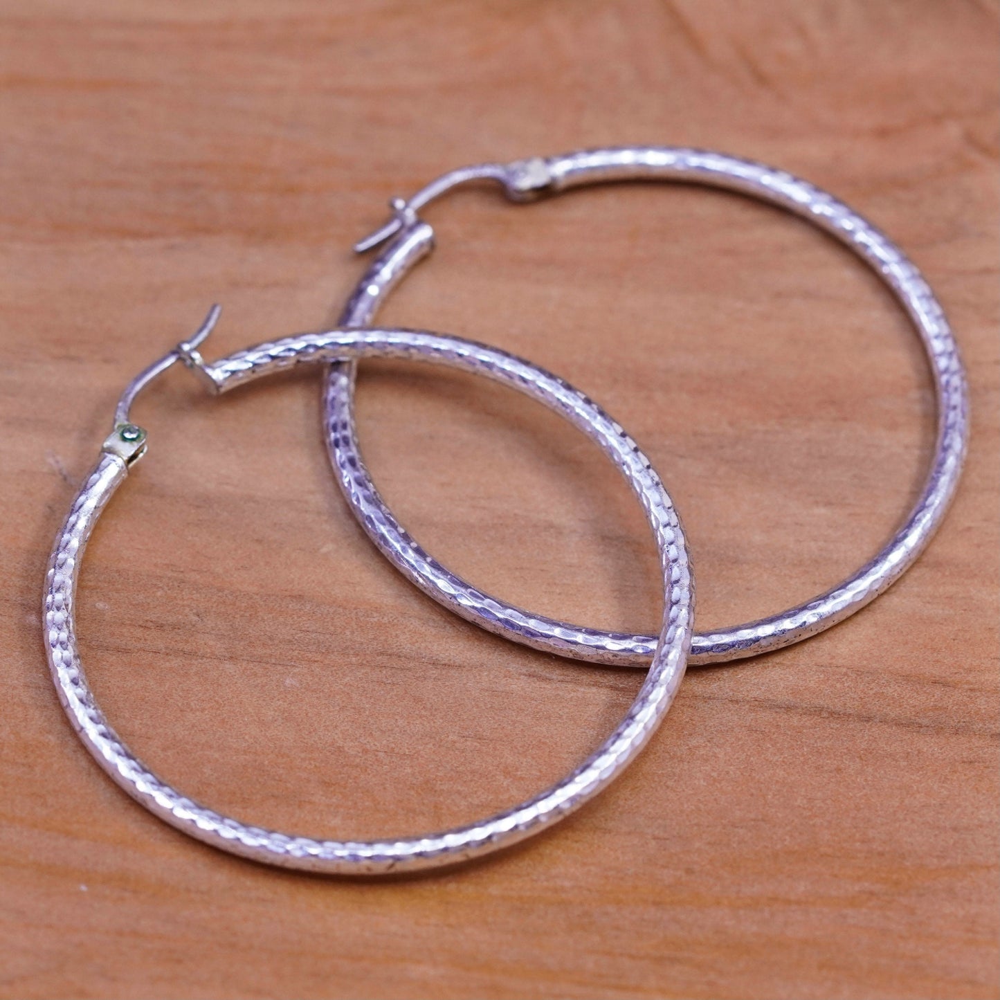 1.5”, vintage Sterling silver handmade earrings, textured 925 silver hoops